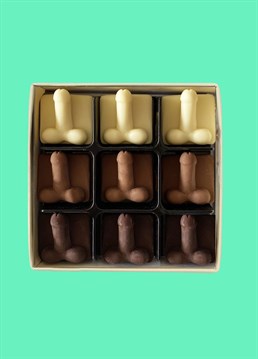 <ul><li>I willy love you! </li><li>Handmade dark, milk &amp; white Belgian chocolate </li><li>Gift box with 9 x novelty edible willies </li><li>Shelf life: 3-6 months (if you can resist!) </li><li>Box Dimensions: 10cm x 10cm x 2.5cm </li></ul><p>Feeling naughty? You&rsquo;re in for a real treat with these cheeky chocolate willies! The perfect gift for a friend or lover on any special occasion, or just to show you&rsquo;re pleased to see them. <br /><br />Packaged in a smart gift box, this chocolate collection has been handmade in Somerset using the finest Belgian milk, dark and white chocolate. Go on, give &lsquo;em a taste! <br /><br />Please be aware that is product contains milk and soya and may contain nuts. Store in a cool dry place. </p>